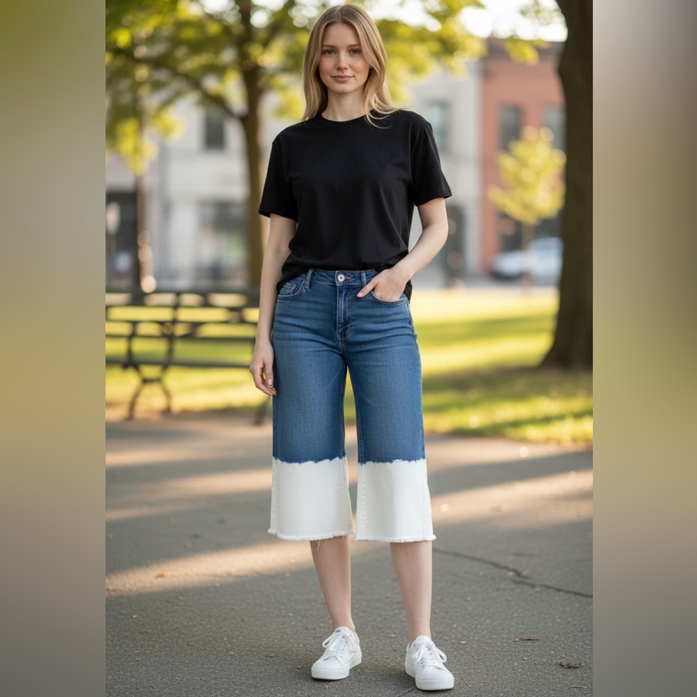 a.n.a Blue and White Cropped Wide-Leg Jeans